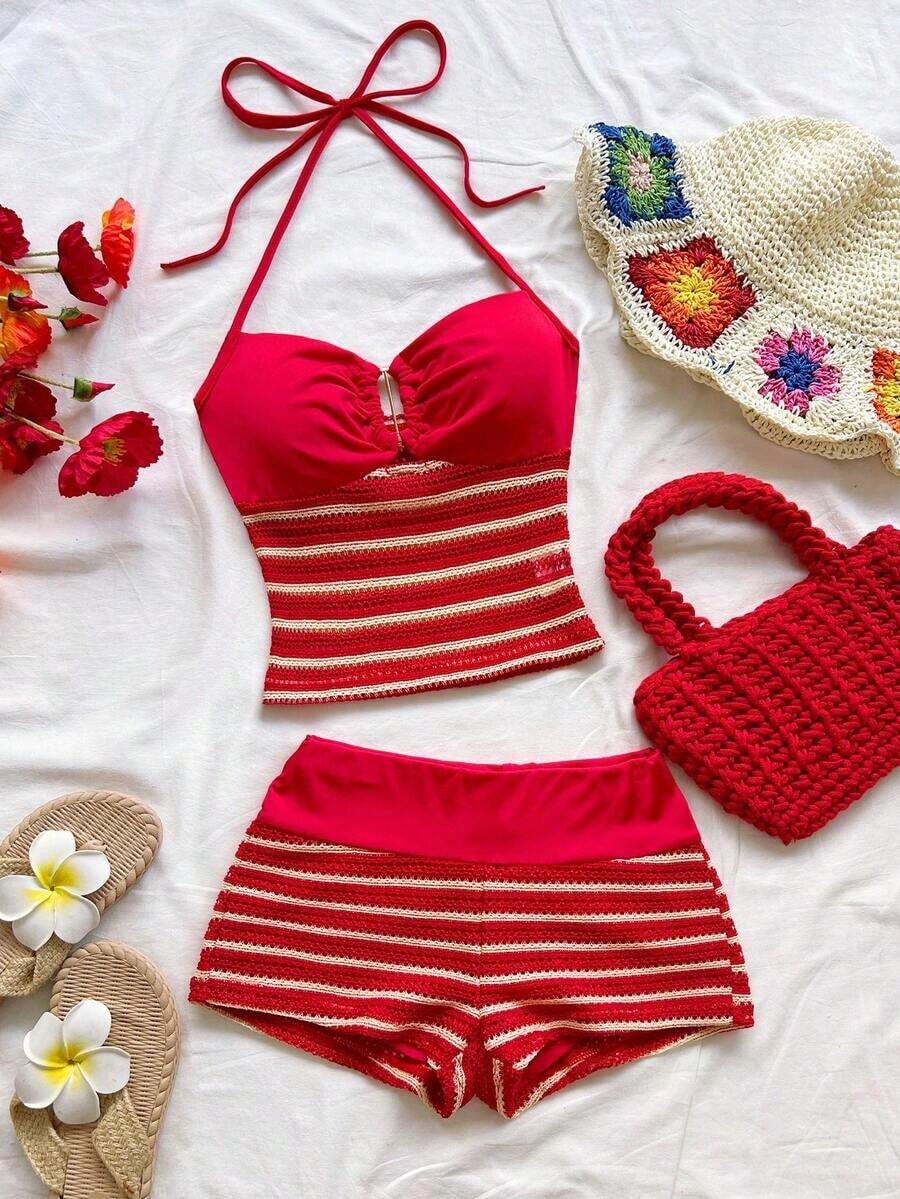 2 piezas Conjunto de camiseta de tirantes y pantalones cortos de punto a rayas con hebilla de metal, estilo casual de vacaciones, adecuado para fiesta, San Valentín, cita, discoteca, bohemio, vacaciones, otoño, ropa de mujer, vintage, días fest - Multicolor 5 - Ver 1
