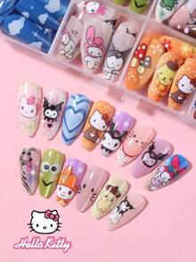 SANRIO 三丽鸥Hello Kitty 240片装（10种混色）Y2K杏仁猫眼法式美甲贴片，可爱3D Hello Kitty、Kuromi、Melody、Cinnamoroll、Pompompurin等装饰图案，蝴蝶结、爱心、珍珠、星星等元素，粉嫩少女风，适合春季和夏季佩戴，完美贴合的亚克力假指甲套装，Hello Kitty美甲，适合女性和女孩日常及派对使用。 - 彩色 - 查看 4