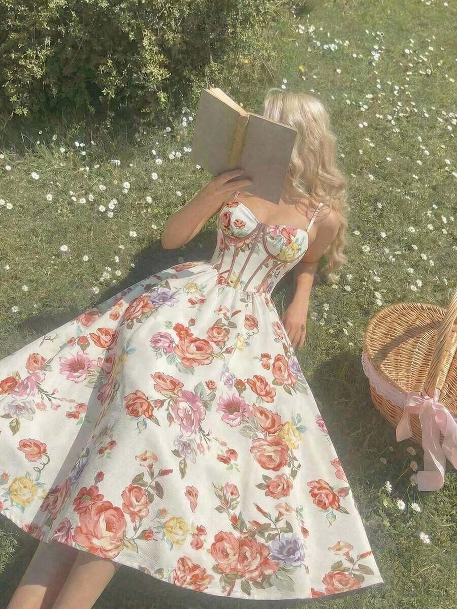 MOD Vestido con estructura de corsé con contraste de rayas azul y blanco en la cintura, estampado floral en el bustier, atuendo de vacaciones para mujer, vestido de verano, atuendo de campo, ropa de playa, vestido de verano, vestido de Pascua para mujer, vestidos de verano para mujer, vestido de fiesta de té - Multicolor 2 - Ver 1