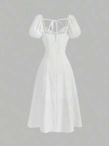 MOD Vestido de verano elegante de mujer de unicolor con mangas abullonadas y cintura ceñida - Blanco - Ver 2