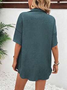 Conjunto de 2 piezas con blusa de manga corta de cuello de botones y shorts con lazo delantero, sencillo, para mujer - Azul cadete - Ver 2