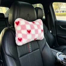1pc Plaid Small Heart Square Plush Neck Pillow, Fashionable Cute Car Neck Pillow, Sweet Neck Support Pillow To Relieve Fatigue, Women's Car Accessory - Multicolor - View 3