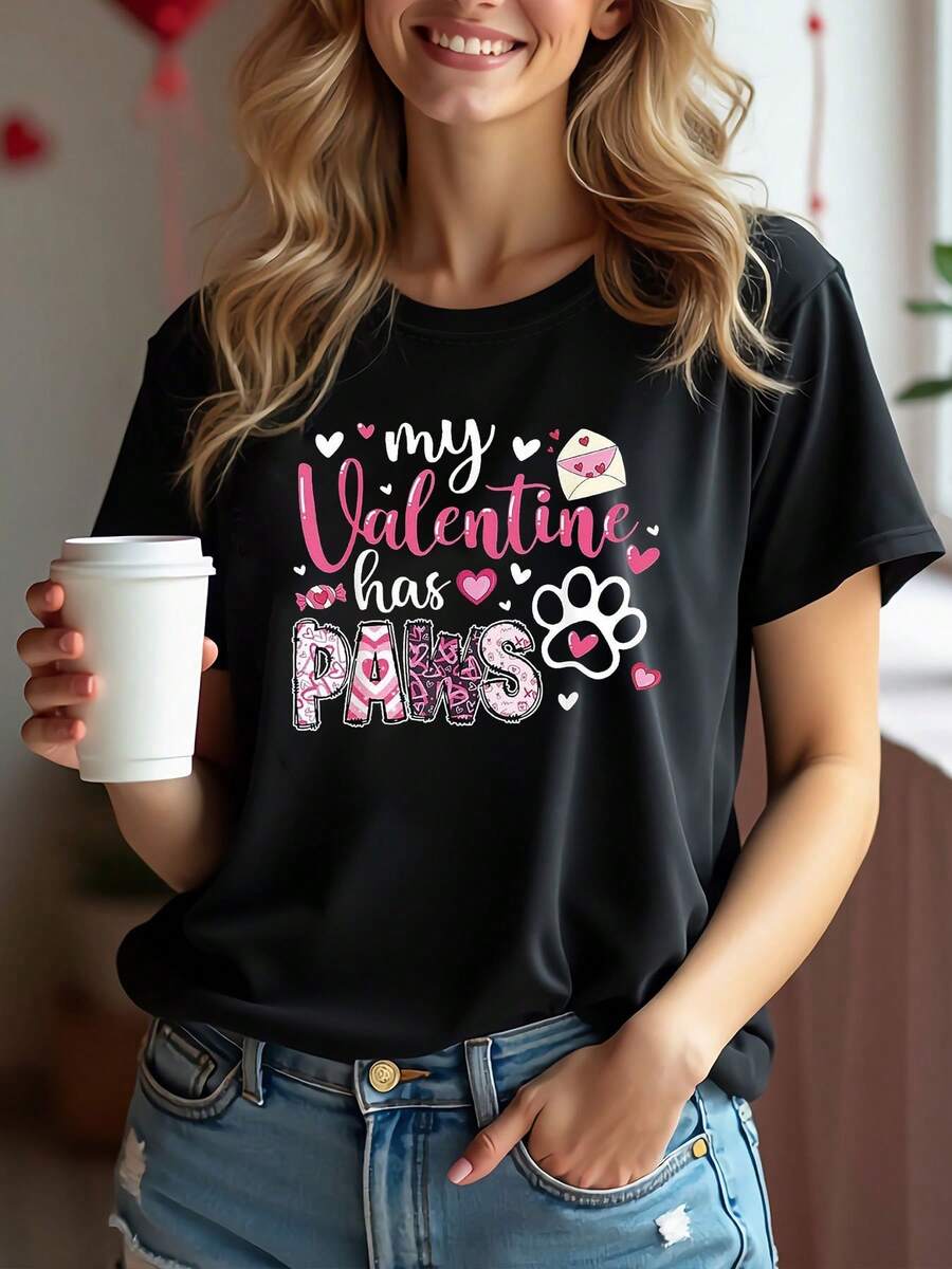 Elegante Camiseta Diaria[Oferta Especial de Vacaciones]Día de San Valentín Mi San Valentín Tiene Patas Estampado Divertido para Amantes de Mascotas Camiseta de Manga Corta de Cuello Redondo para Mujer Talla Grande Primavera Verano Estilo Chic y a la Moda - Negro - Ver 1