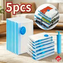 5 piezas Bolsas de almacenamiento al vacío ahorradores de espacio con bomba manual, bolsas organizadoras de plástico comprimidas para ropa y mantas, ideales para viajes y decoración navideña, almacenamiento de decoración festiva | Organizador transparente | Bolsas de plástico duraderas - Ver 1