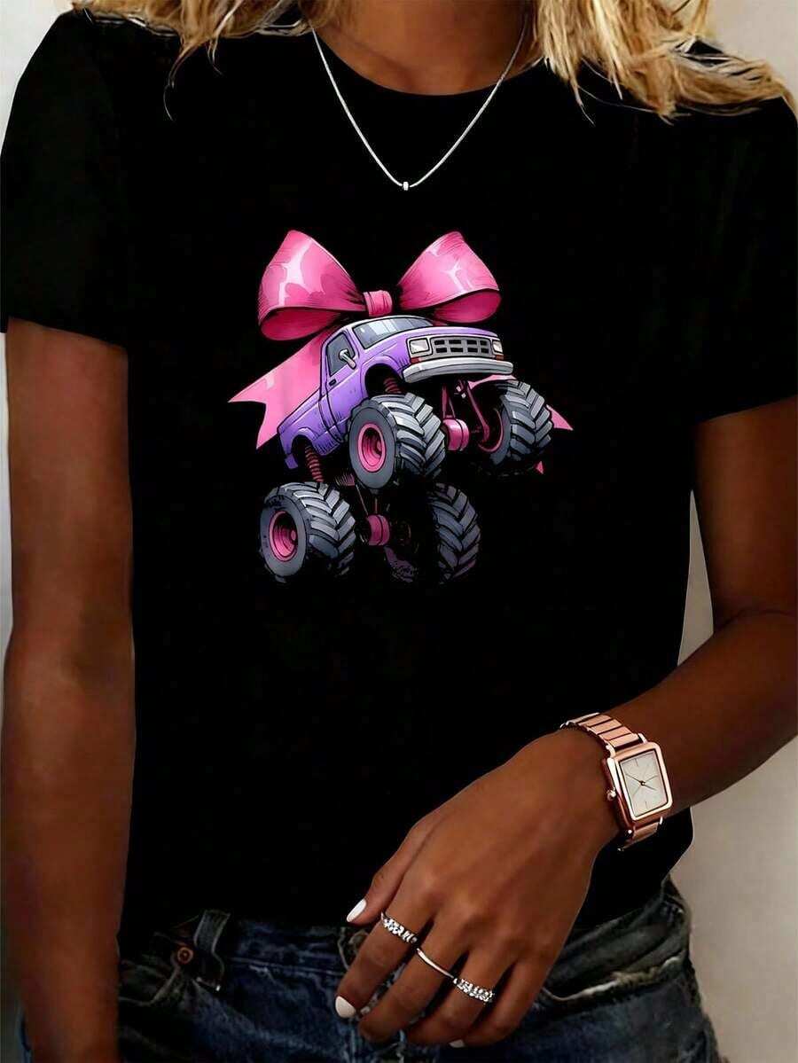 SummerCamiseta Coquette Bow Monster Truck Día de la Madre con Lazo Rosa para Mamá y Niña, camisetas gráficas, tops cortos, conjuntos, tops, camisetaFashion All-match Women's Short Sleeve T-shirt, Basic Style for Inner & Outer Wear - Negro - Ver 1