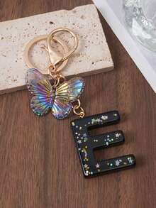 1pc A-Z Black Glitter Letter & Butterfly Keychain, Initial Resin Keyring, Holographic Butterfly Bag Charm, Car Key Accessory, Fashion Aesthetic Gift For Girls - Black - View 15