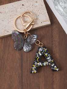 1pc A-Z Black Glitter Letter & Butterfly Keychain, Initial Resin Keyring, Holographic Butterfly Bag Charm, Car Key Accessory, Fashion Aesthetic Gift For Girls - Black - View 17
