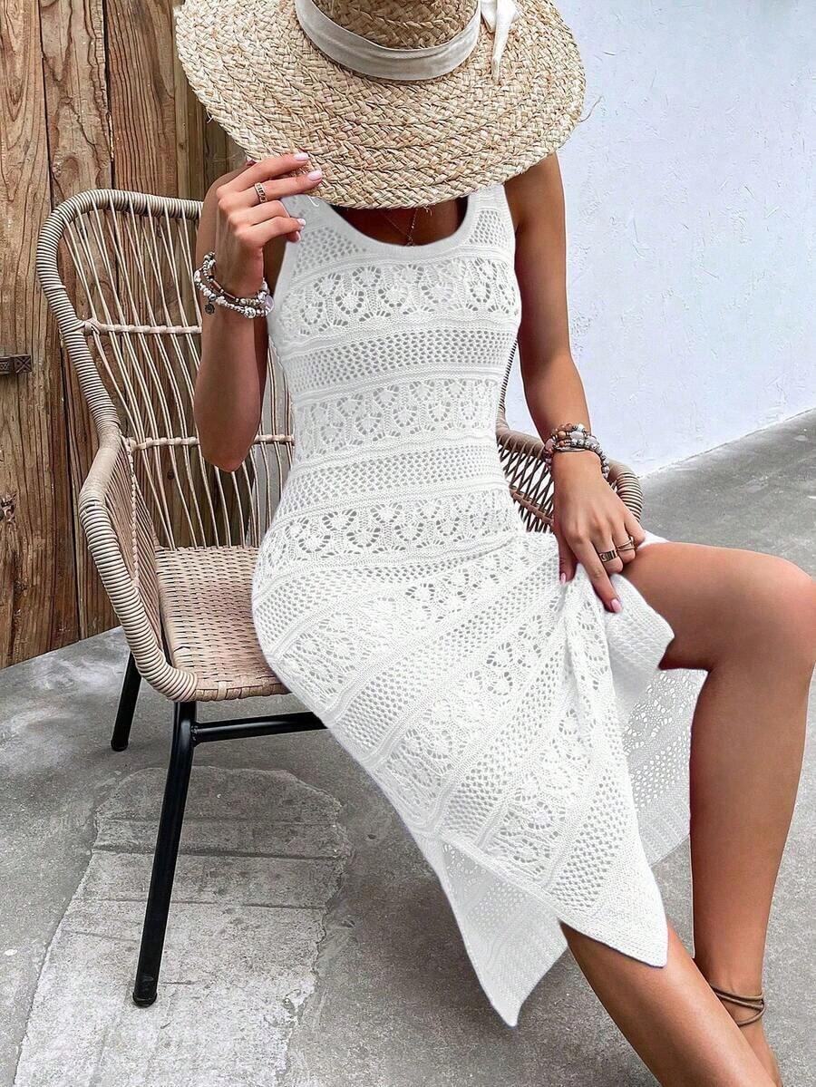 Vestido de punto con lazo en la cintura, casual de vacaciones, primavera/verano, unicolor, cuello redondo, sin mangas, con abertura, corto, ajustado, de vuelta al colegio, otoño, vestimenta digna para mujeres, vestido largo de fiesta de otoño para la playa - Blanco - Ver 1