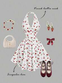 Vestido de fiesta elegante de mujer con estampado de cerezas, escote halter, espalda descubierta y cintura fruncida - Rojo y blanco - Ver 2