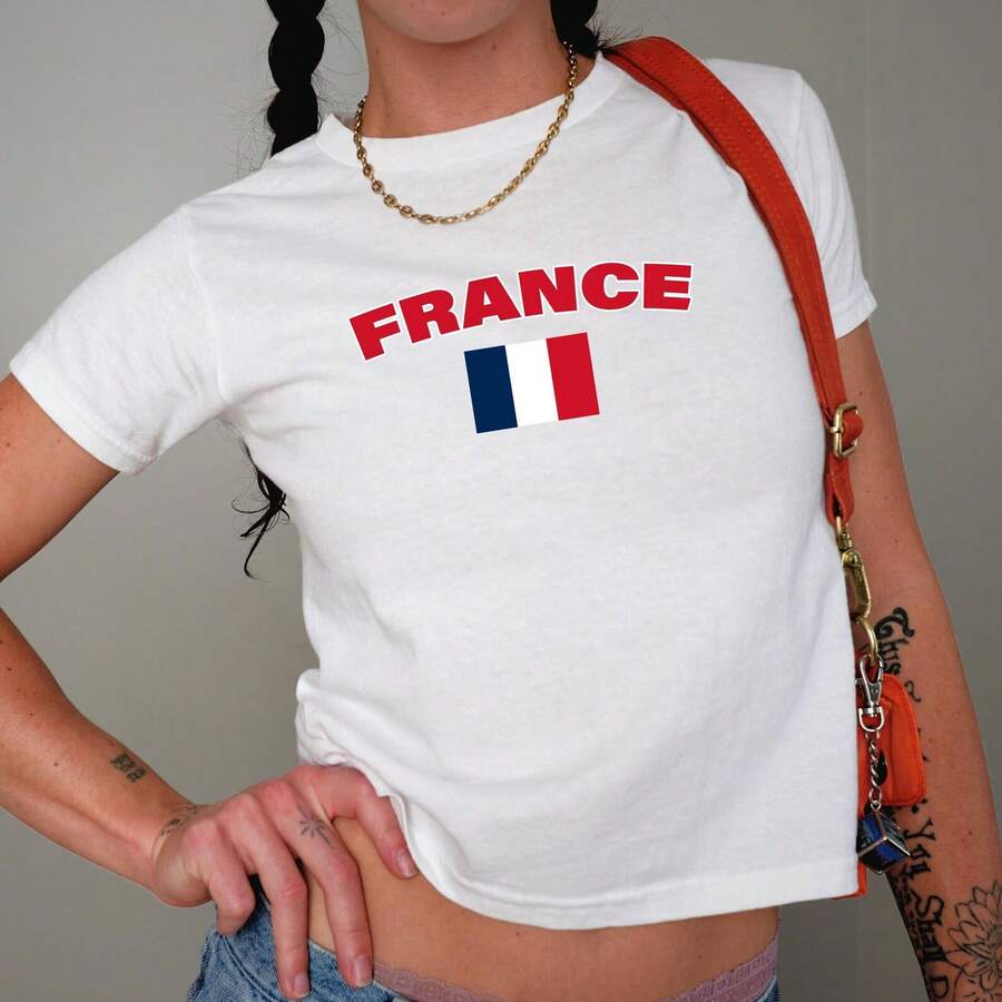 France Baby Tee Y2K _ 90s Style, 2000s, Cropped Tee, 00s Fashion, 2024 Euros, Football Fan T-Shirt - trắng - Xem 1
