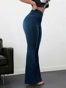 Tall Pantalones vaqueros casuales de mujer, pantalones acampanados de cintura alta con estiramiento, de cintura cruzada, color azul - Azul lavado oscuro - Ver 2