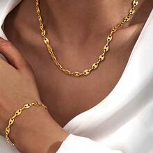 2pcs/1pc Stainless Steel Oval Coffee Bean Pig Nose Necklace & Bracelet Set, Women's Jewelry Set - Gold - View 10