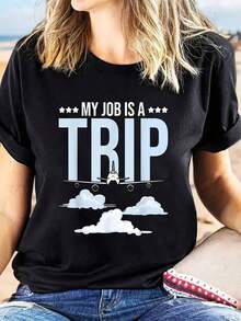 Playera, Básica, Camiseta de Azafata de Cabina, Diseño Gráfico 'Mi Trabajo Es Viajar', Elástica, Mezcla de Algodón Puro, Lavable a Máquina, Camiseta Casual para Profesionales de la Aviación, Ropa de Primavera, Verano y Otoño, Moda de Temporada, Diseño Divertido de Aviones, Ajuste Cómodo, 100% Algodón, Para salir, Fresca - Negro - Ver 7
