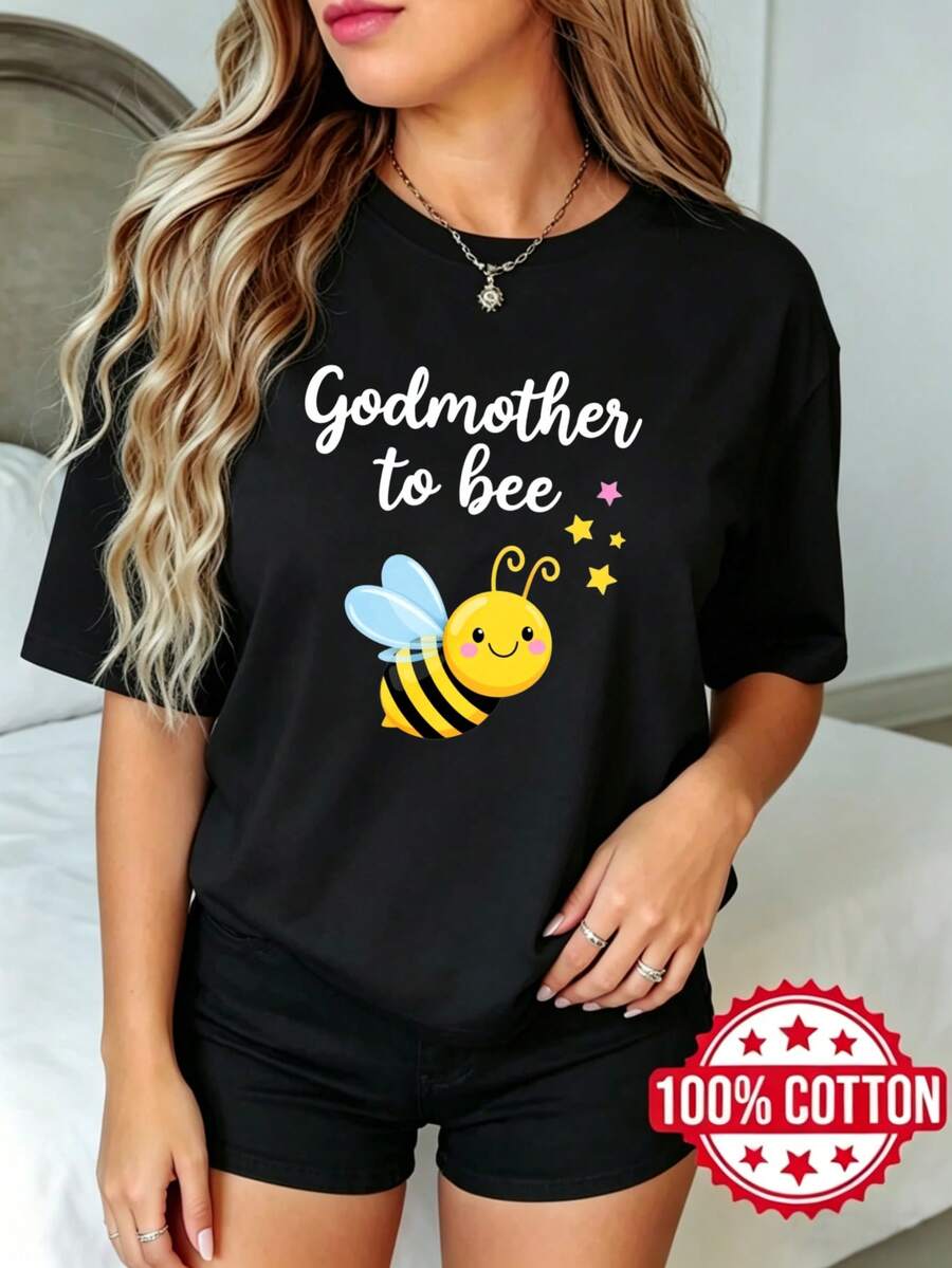 Camiseta negra de manga corta, cuello redondo y estampado para dama, verano, casual Madrina de Abeja con Abeja y Estrellas S-3XL moda 100% aodón material