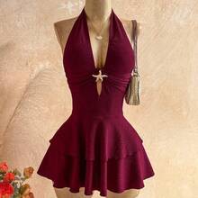 WYWH Women's Solid Color Halter Metal Decor Fashion Date Party Mini Dress - amarillo ganso - Ver 7