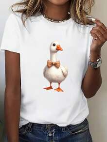 Plus Size Women's T-Shirt With Duck Design - Loose Fit, Short Sleeves, Crew Neck, White, With A Brown Duck Design Featuring An Orange Beak, Shiny Texture, Lightweight And Breathable Fabric, Perfect For Casual Wear In Spring And Summer, A Fun Garment For All Seasons. Women's Summer Graphic T-Shirts, Printed Casual Shirt, Short Sleeves And Crew Neck, Local Spring/Summer Streetwear. - 白色 - 查看 8