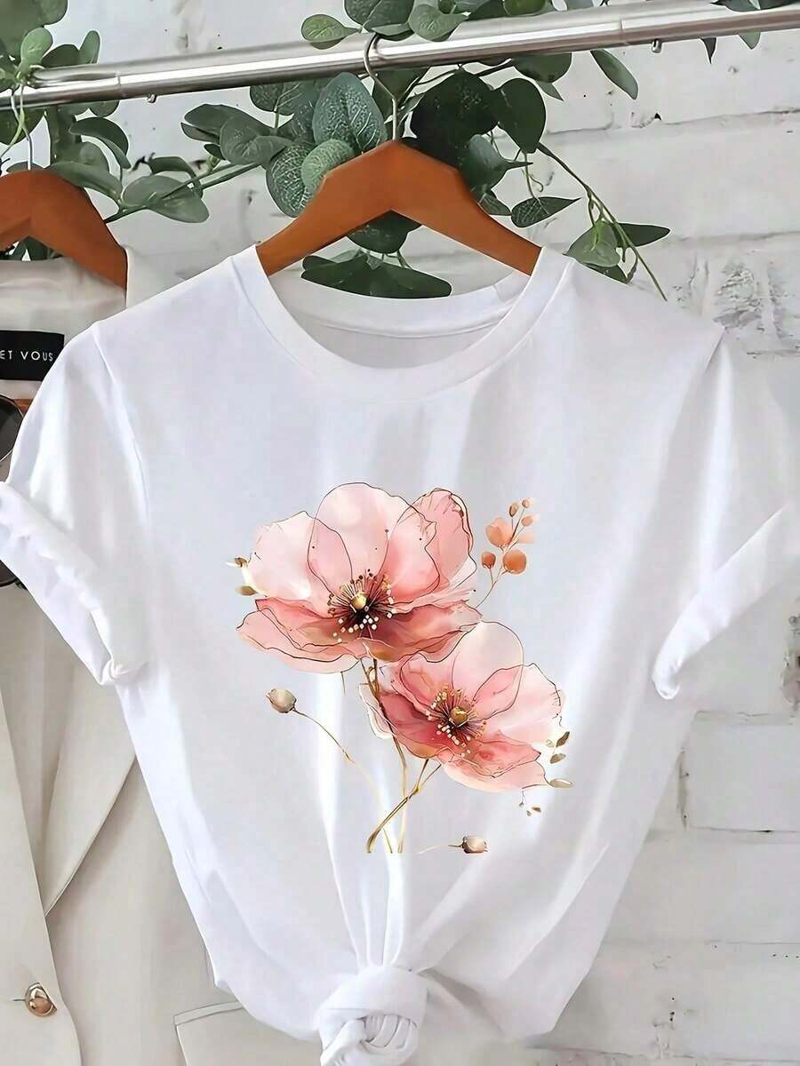 Women's Heat Shirts, Short Sleeve T-Shirt For Women, Spring-Summer - Casual Round Neck Blouse, Compatible Top Suitable For Warm Climates, Medium Elasticity Opaque Shirt Not See-Through, Machine Washable, Casual Office Outfit, Sets And Layering. - 白色 - 查看 1
