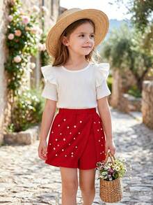 2pcs/Set Young Girls' White Ribbed Ruffle Trim Short Sleeve Top And Red Beaded Skort Outfit, Cute Sweet Summer Clothing - Red - View 2