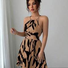 Elenzya Navy Blue Arrow Print Elegant Design Halter Tie Waist Flared Short Dress, High-Quality Graceful Style, Suitable For Valentine's Day, Easter, Labor Day, Birthday, Date, Party, Formal Occasions, Spring/Summer - Negro - Ver 4