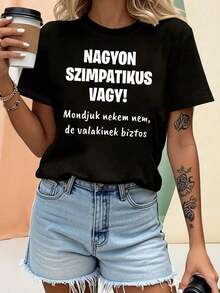 La frase en húngaro "¡NAGYON SZIMPATIKUS VAGY!" Dime que no, ¡pero debe ser para alguien! Camiseta con estampado de letras en estilo húngaro "¡Muy encantador!" para mujer, camiseta casual de manga corta con cuello redondo para primavera/verano, casual para el día a día, regalo para las fiestas, blusas de mujer, camisetas de mujer, vestidos casuales para mujer, camisetas deportivas y2k para mujer, camisetas de verano, ropa de mujer, moda perfecta para el día a día. Blusas Bonito 100% Algodón - Negro - Ver 6