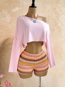 Conjunto de 2 piezas de top asimétrico y shorts de unicolor casual de vacaciones para mujer - Multicolor - Ver 8