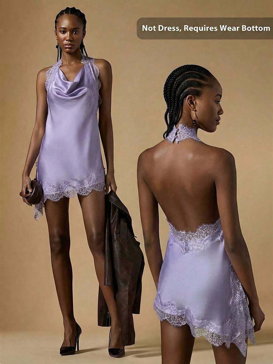Blusa de verano con escote halter, espalda descubierta y bajo asimétrico con encaje en contraste - Púrpura polvoriento - Ver 1