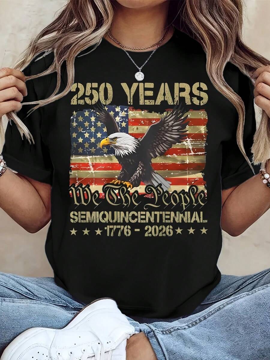 Women's T-Shirt Commemorating The 250th Anniversary Of US Independence Day - Lightweight, Short-Sleeved, And Stylish, Suitable For Events And Parties, Casual Everyday Wear With A Historical Theme, Machine Washable, Commemorative Birthday T-Shirt For The 250th Anniversary Celebration - 黑色 - 查看 1