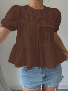 Blusa de verano de mujer con cuello redondo, manga corta abullonada, lazo y volante en la cintura - Café integral - Ver 3