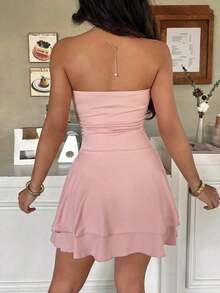 Vestido corto sexy tipo bandeau con estampado de leopardo y falda con volantes en capas - Rosa 2 - Ver 2