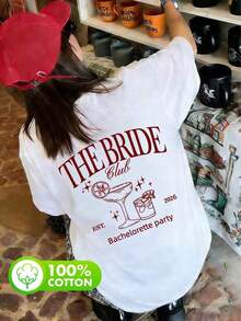Women's 100% Cotton T-Shirts With Bride Club Print, Round Neck, Short Sleeve, Summer Casual, White - 白色 - 查看 4