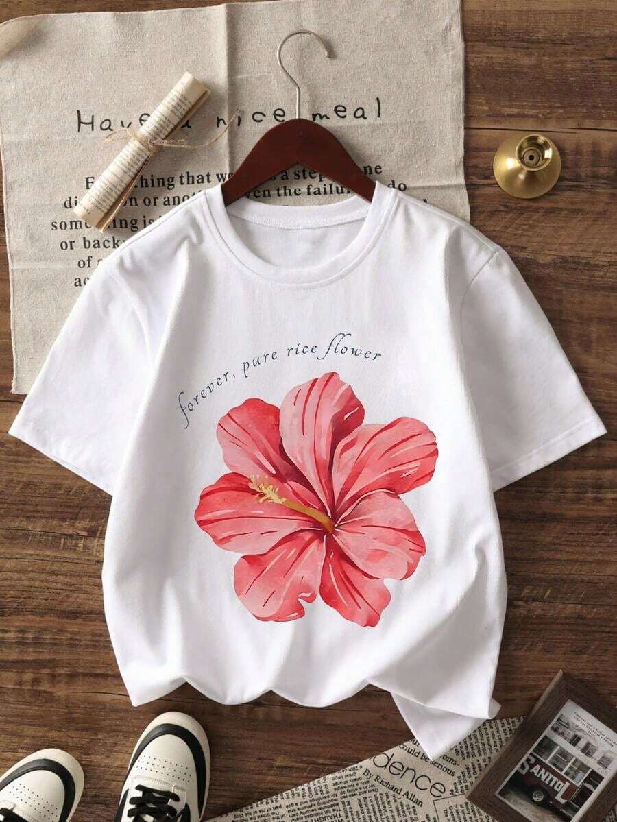 Camiseta de manga corta para mujer con estampado floral de hibisco en acuarela, diseño sencillo y versátil, ropa de verano para estar en casa, estilo vacacional, corte holgado, transpirable, - Blanco - Ver 1