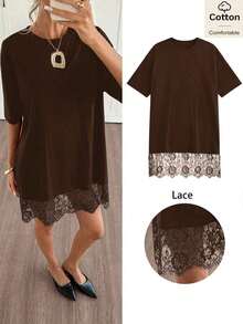 Vestido corto de verano de mujer con cuello redondo, mangas cortas de hombros caídos, parches de encaje y diseño holgado de un solo color - Marrón - Ver 1