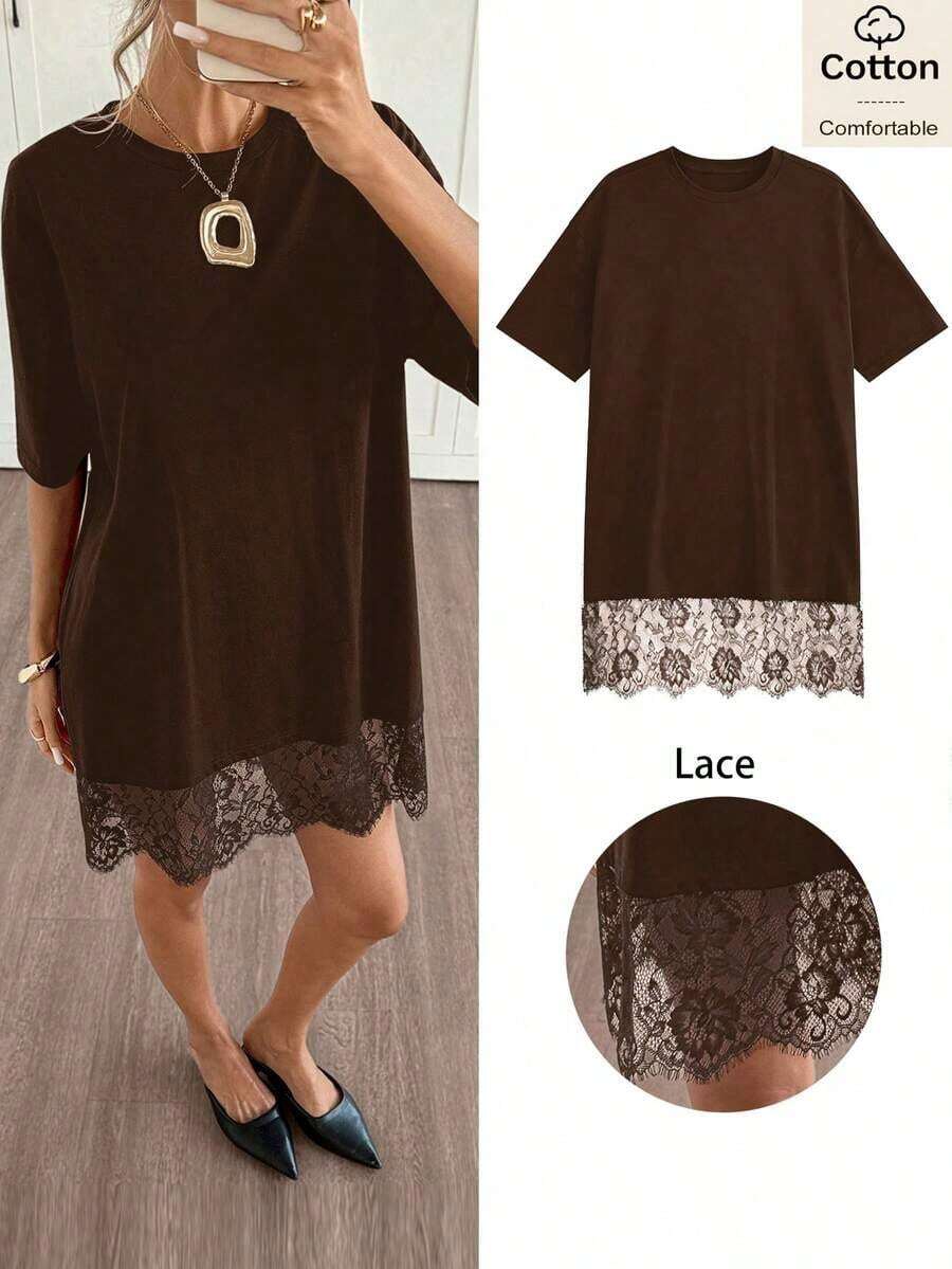 Vestido corto de verano de mujer con cuello redondo, mangas cortas de hombros caídos, parches de encaje y diseño holgado de un solo color - Marrón - Ver 1