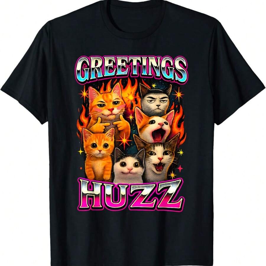 Funny Greetings Huzz Ironic Meme Cats Brainrot Quote T-Shirt - Black - View 1