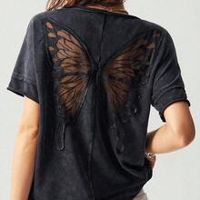 Casual Solid Color Knit Round Neck Short Sleeve Loose Butterfly Cutout Back Women T-Shirt,Summer Top - Morado - Ver 7