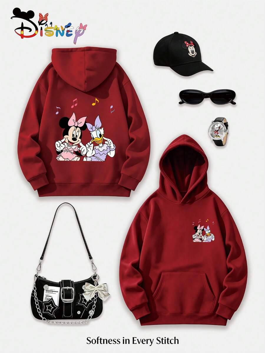 Disney Bestie Collection Y2K Printed Sweatshirt, Minnie Mouse Music Party Fun Print Loose Fit Top, Casual And Versatile Everyday Style. (Women's Autumn/Winter Clothing/Elegant Women's Outfits/Patterned Hoodies/Printed Tops/Casual Outfits For Women/Women Trending Now/Holiday Co-Ord) - 紅色 - 查看 1