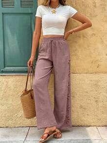 Frenchy Pantalones anchos de pierna ancha con cordón en la cintura, de unicolor y con corte láser, estilo casual de vacaciones para mujer - Negro - Ver 11
