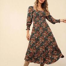 Floral Print Square Neck Flounce Sleeve Ruffle Hem Dress - Verde - Ver 4