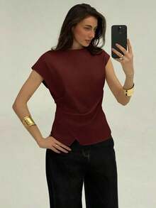 Blusa de oficina para mujer con cuello de barco, mangas cortas y corte cropped en color beige - Burdeos - Ver 7
