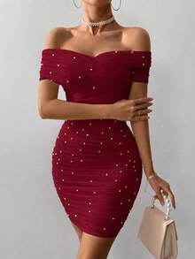 Vestido ajustado para mujer con hombros abiertos, manga corta y adornos con cuentas - Burdeos - Ver 6