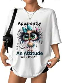 Men's And Women's Casual Spring And Summer T-Shirts, New Style, With Owl Print And The Phrase 'Attitude Queen', Soft And Comfortable Fabric, Casual And Versatile, Ideal For Summer Wear, As A Gift, Available In Local Warehouse - 白色 - 查看 7