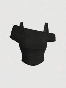 Top de chaleco de unicolor cubierto por una manga abullonada de malla color albaricoque para mujer - Negro - Ver 1