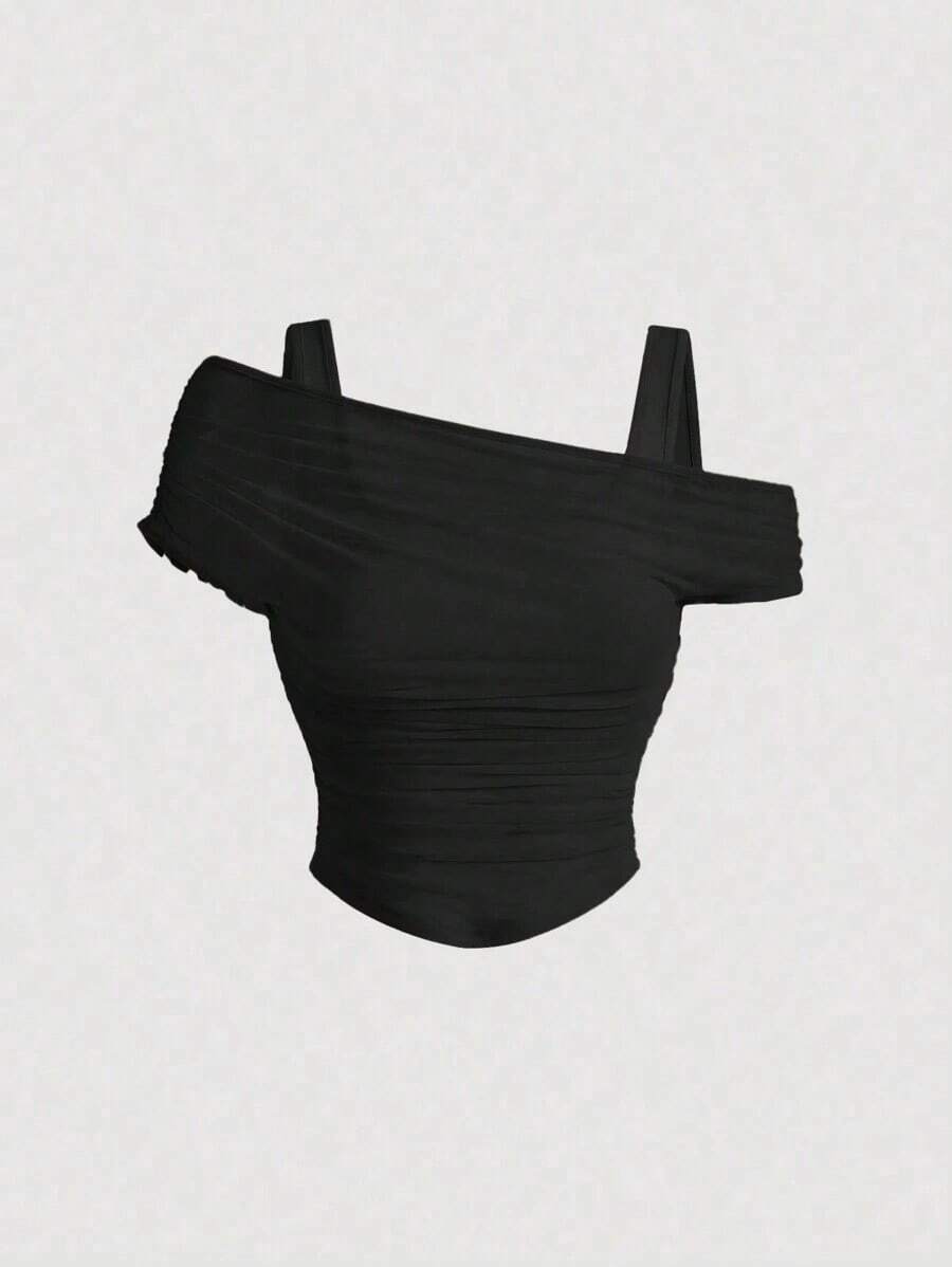 Top de chaleco de unicolor cubierto por una manga abullonada de malla color albaricoque para mujer - Negro - Ver 1