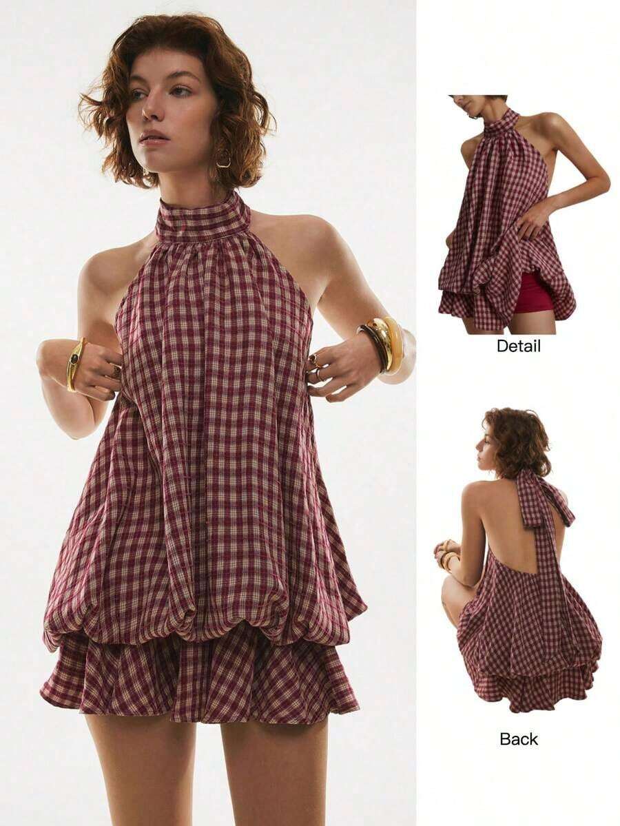 Vestido corto de verano para mujer con cuello halter, espalda descubierta y volantes con estampado de cuadros - Burdeos - Ver 1