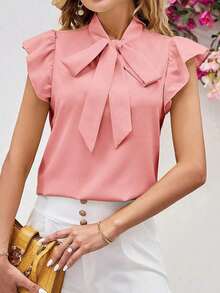 Blusa con lazo elegante para mujer, versátil para el trabajo y el uso casual, verano - Rosa 2 - Ver 7