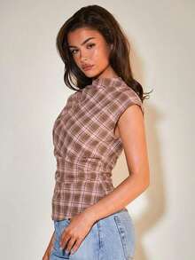 Blusa plisada con cuello para mujer, elegante para la oficina, artículo de moda versátil, adecuado para el trabajo, salidas casuales, fiestas, con estampado de cuadros marrones - Rosa - Ver 5