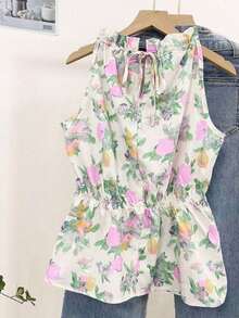 Blusa casual versátil de uso diario con estampado floral y pliegues para mujer - Morado - Ver 2