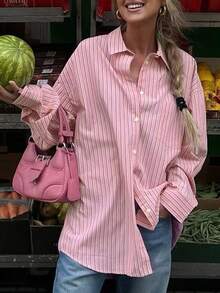 Camisa de manga larga con estampado de rayas, versátil y casual para vacaciones, para mujer - Rosa Pálido - Ver 1