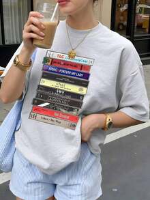 90s R&B Cassette Print T-Shirt, Women's Spring/Summer Clothing, Crew Neck T-Shirt, Women's T-Shirt, Women's Summer Short Sleeve Top, Women's Spring/Summer Sets - 淺灰色 - 查看 2