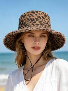 1pc Vintage Leopard Print Frayed Edge Bucket Hat, Adjustable Rope Design, Beach Vacation Sun Protection Hat - Drawstring Leopard Print Fisherman's Hat - View 7